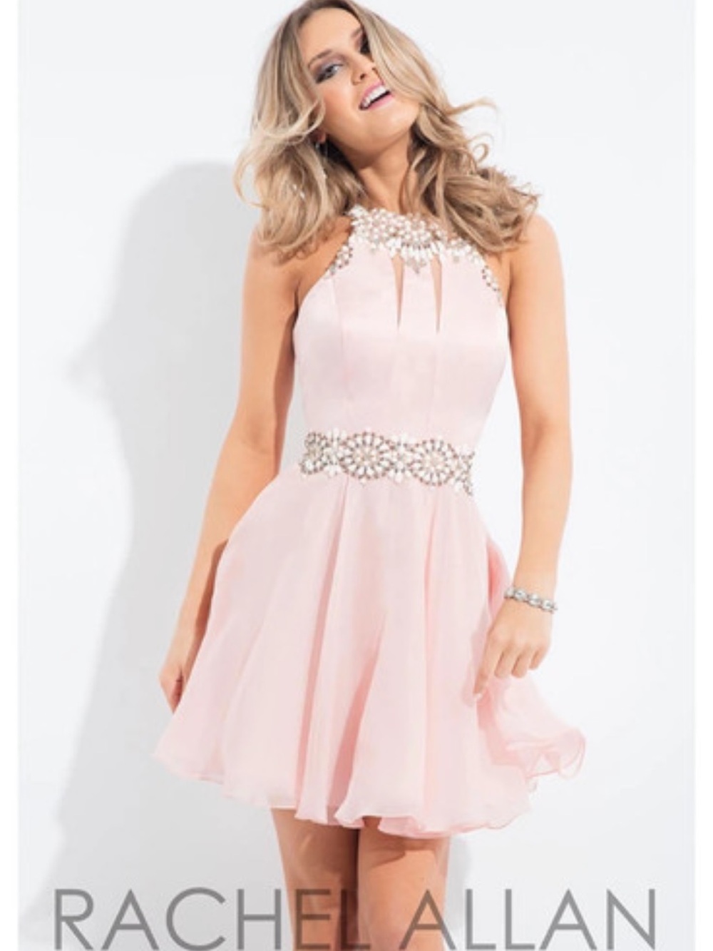 Rachel Allan 4220RA Blush Pink Embellished Halter Party Dress